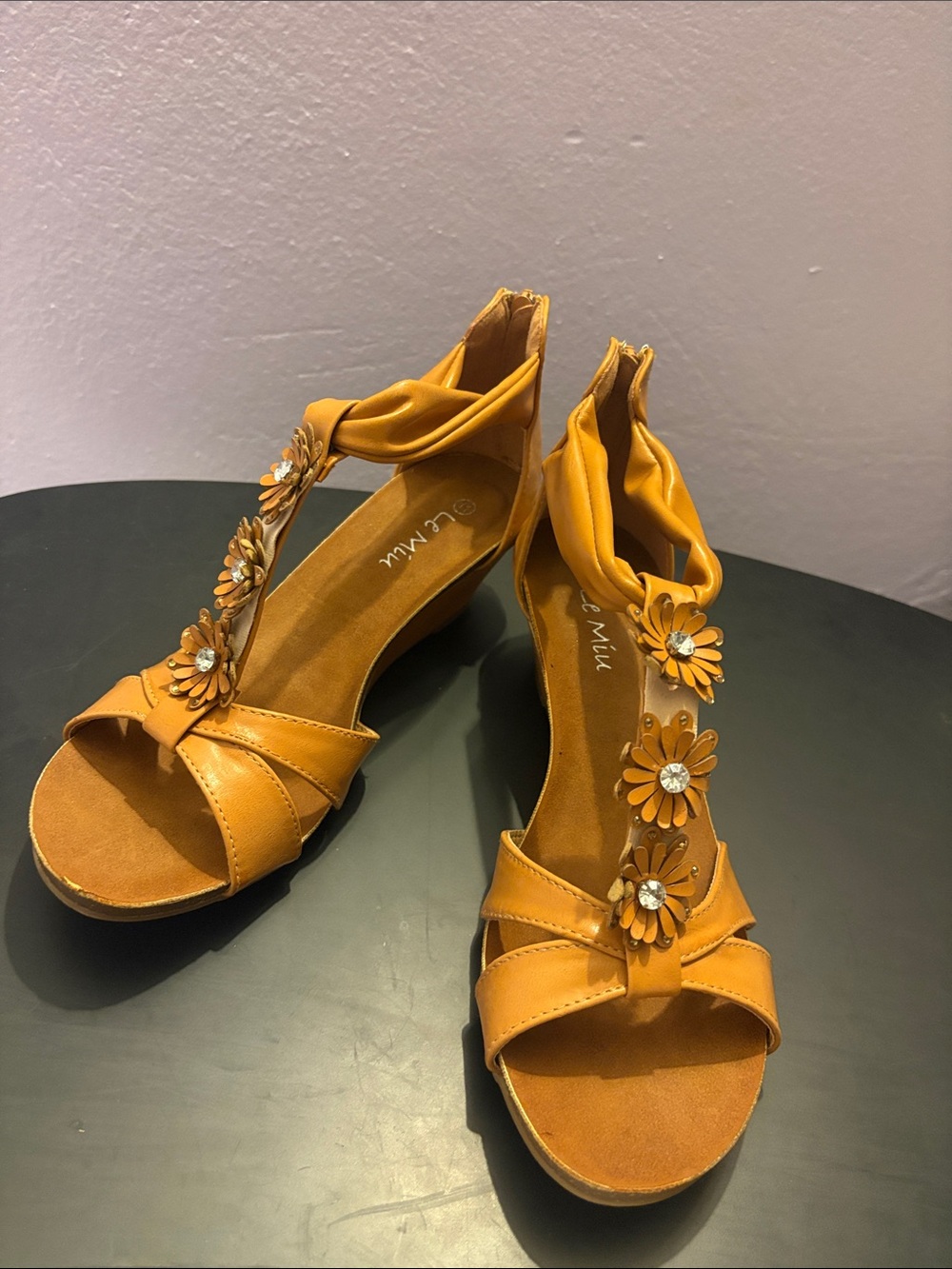 Women’s Tan/Beige Floral T-Strap Wedge Sandals